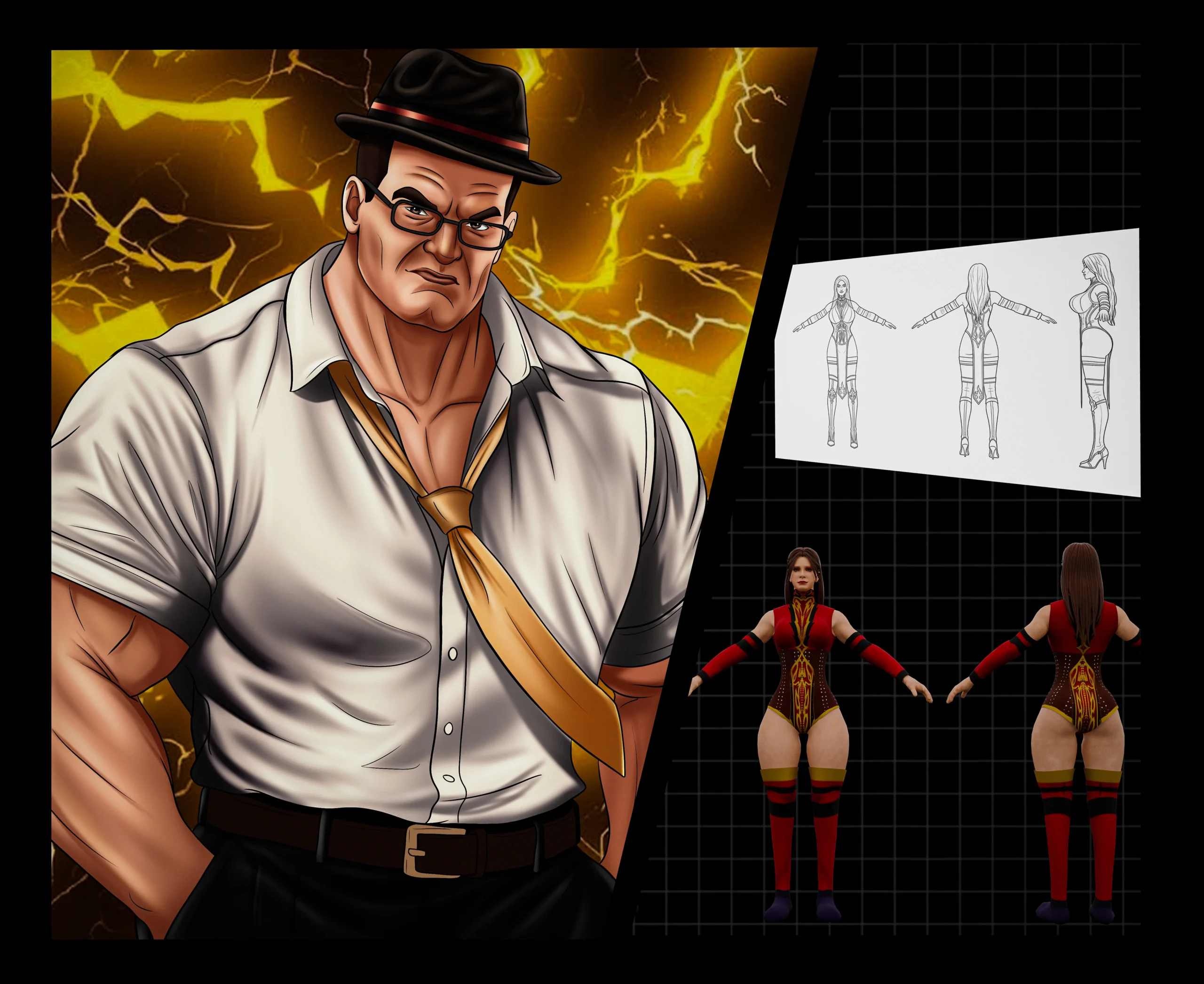 2D character illustration and 3D digital artwork